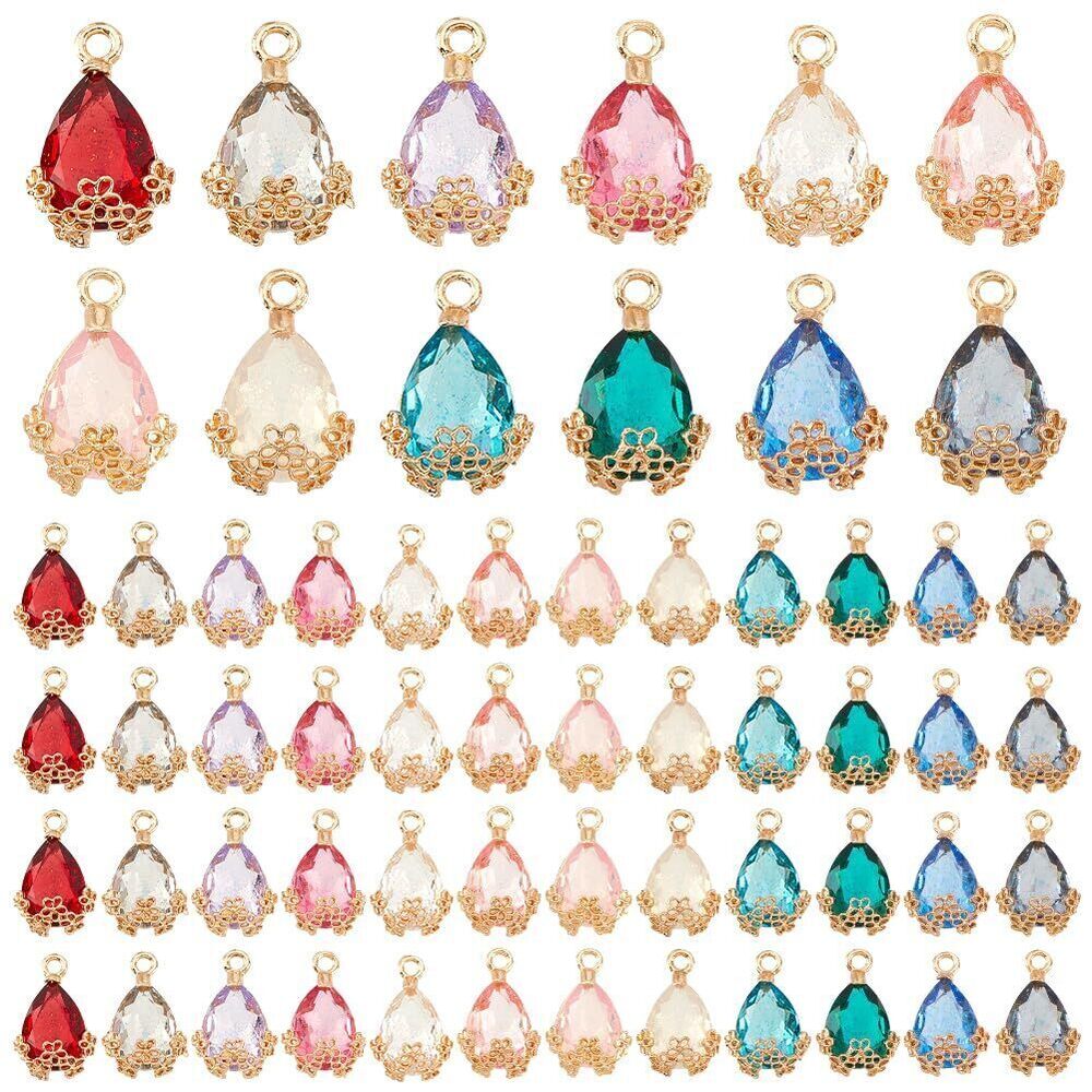 7284 60pcs Teardrop Pendants, 12 Colors Transparent Faceted Charms Resin